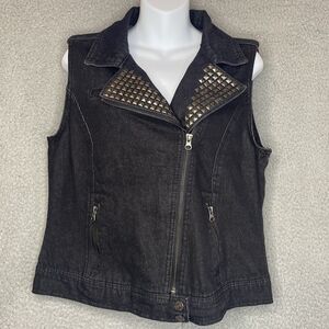 Dolled Up Dark Biker Gothic Studded Denim Vest XL Black Jean Silver Studs Rock